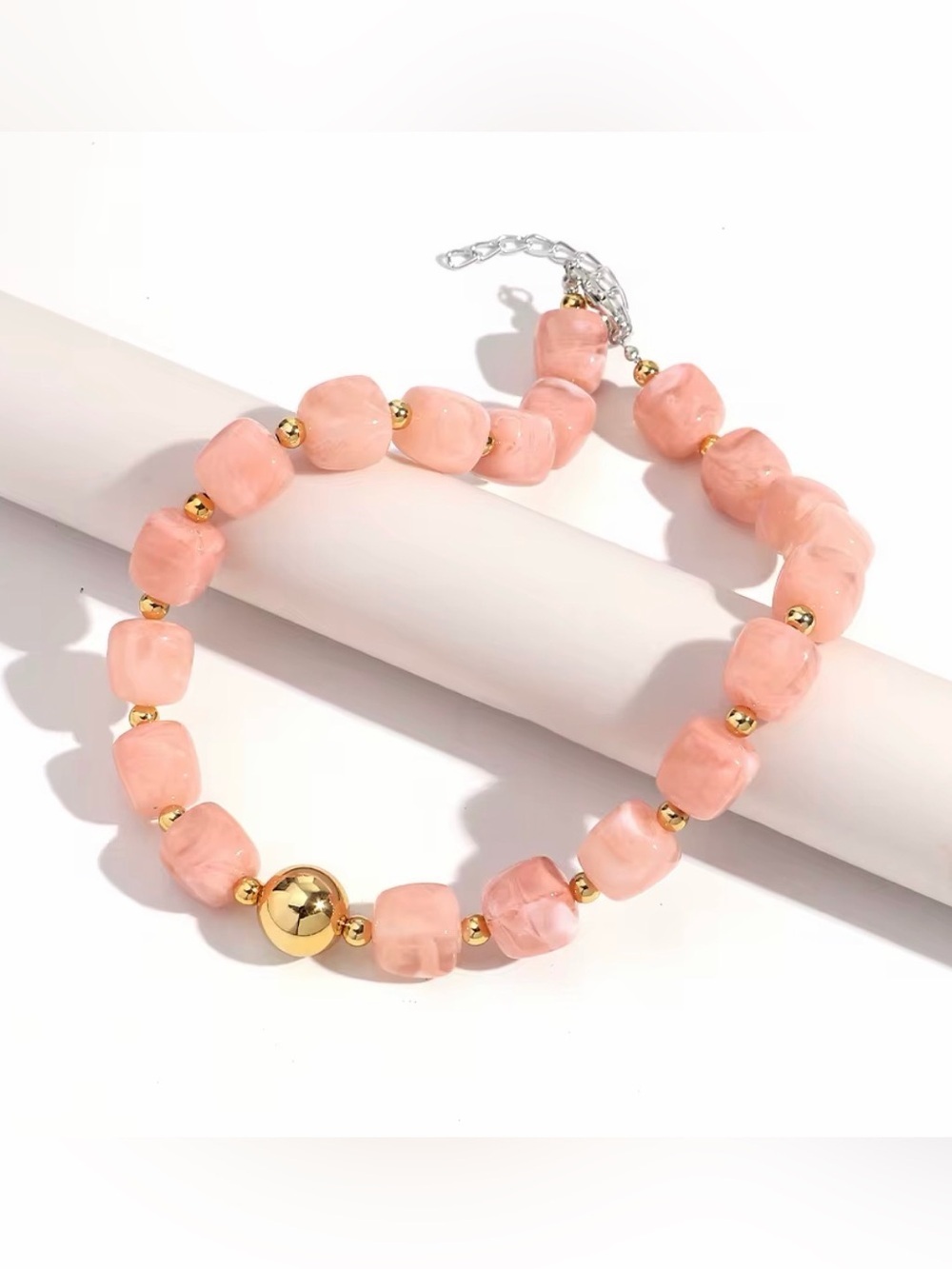Pink Beaded Necklace with Gold Accents - Jewelry